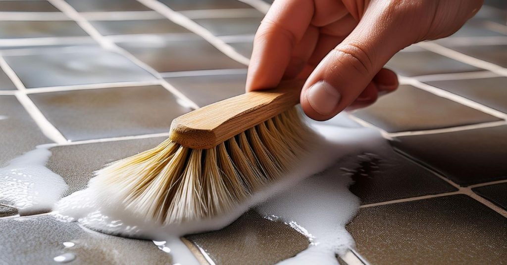 Cleaning grout stains using baking soda and a soft brush on tiled surface