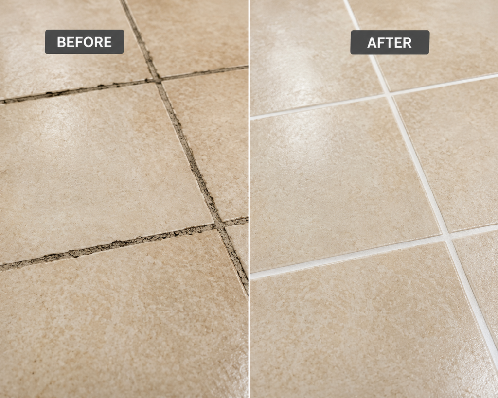 Close-up of a tile floor before and after grout restoration, showing stained, cracked grout transformed into clean