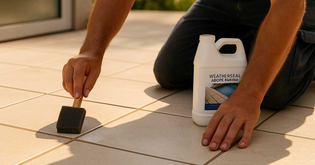 Contractor sealing outdoor tile patio under sunlight
