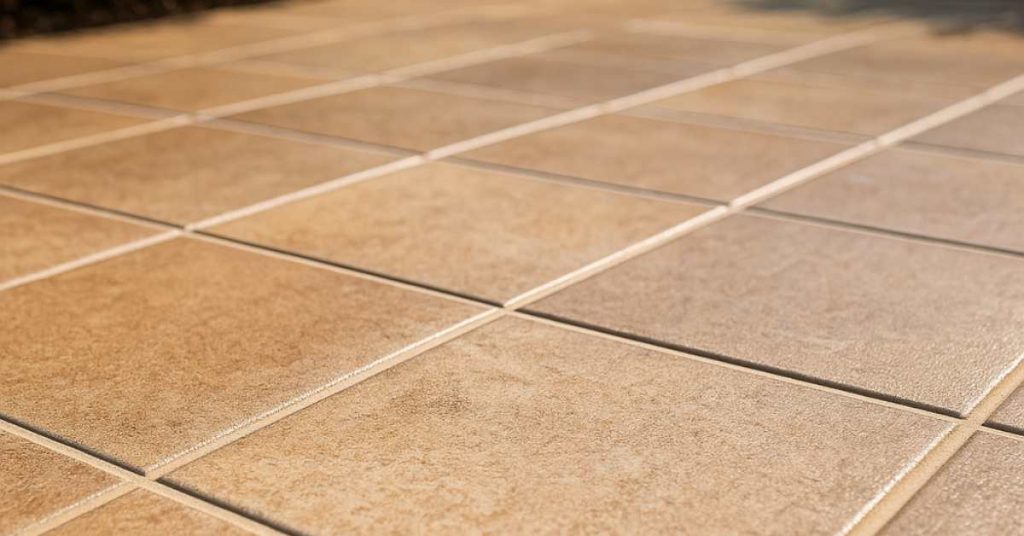 Outdoor patio tile with sealed grout lines under sunlight