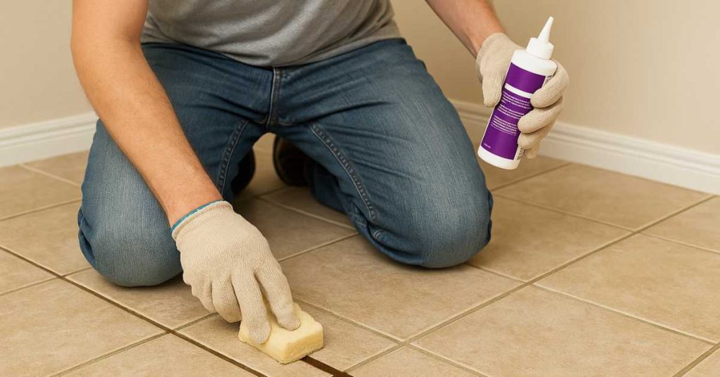 Homeowner applying grout stain to freshly installed tile floor during a new installation