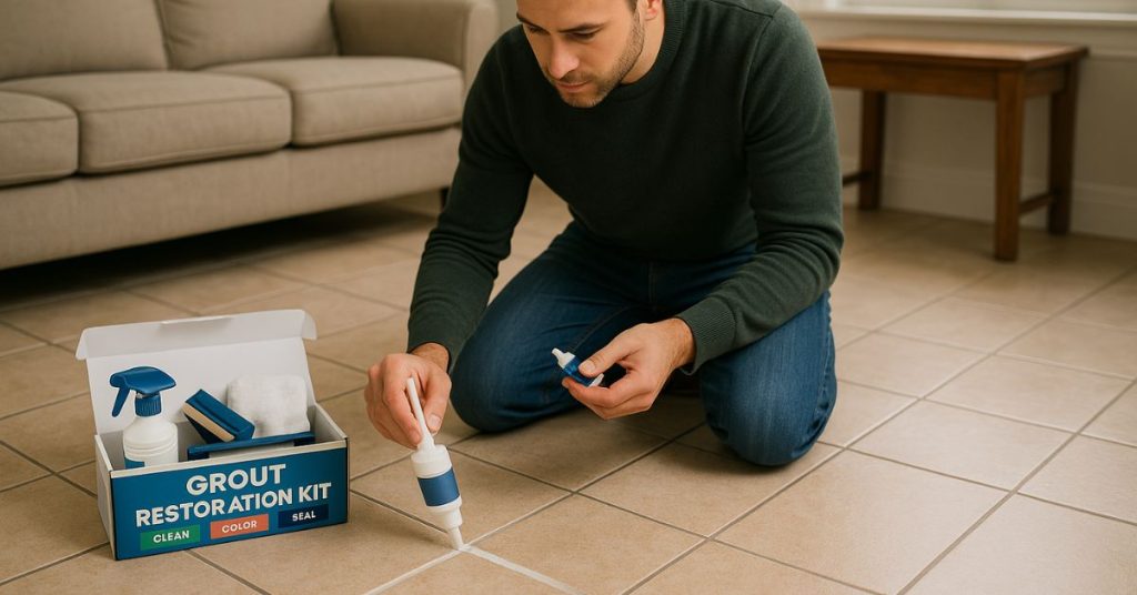 Homeowner using an all‑in‑one grout restoration kit to restore tile floors and grout lines