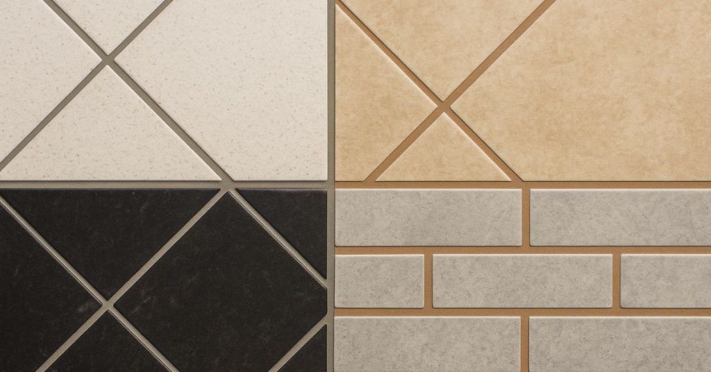 close-up of diverse tile floor patterns with different grout colors illustrating contrast and match options