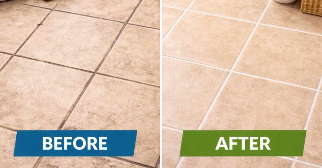 image of tile floor showing dirty grout before and restored grout after proper tile and grout cleaning