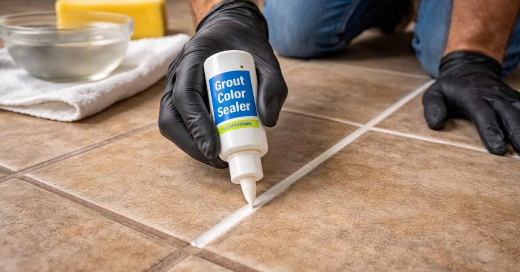 Applying grout color sealer to tile floor grout lines to restore and refresh old tile floors