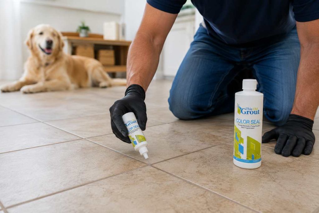 Applying grout sealer on tile floor to protect against pet stains, odors, and bacteria buildup