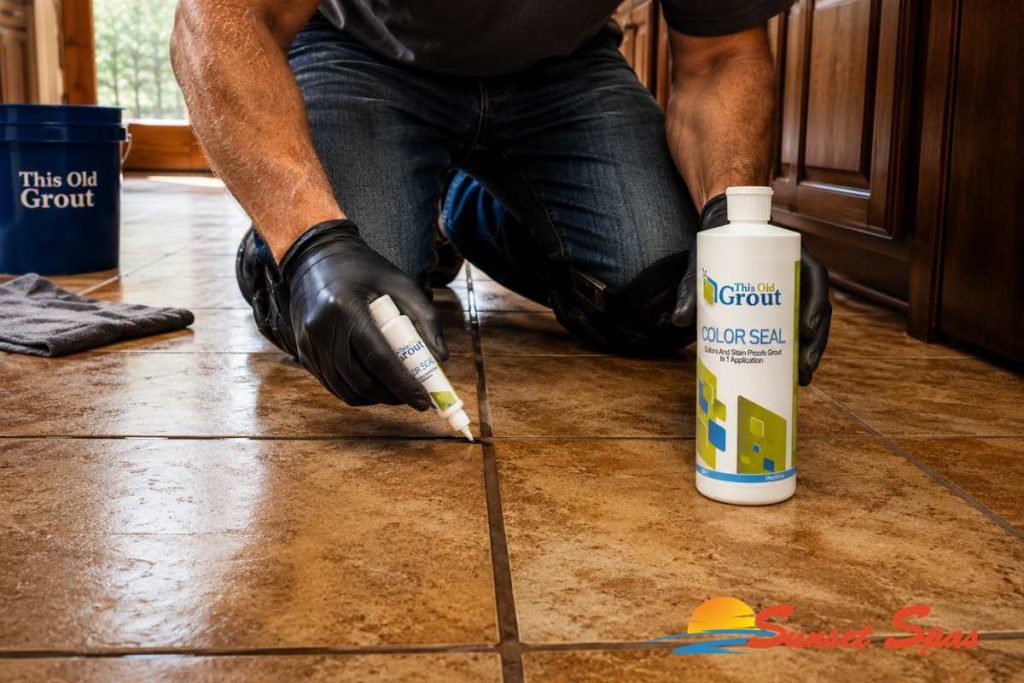 Applying-grout-sealer-to-stained-tile-floor-grout-lines-to-restore-and-protect-surface.