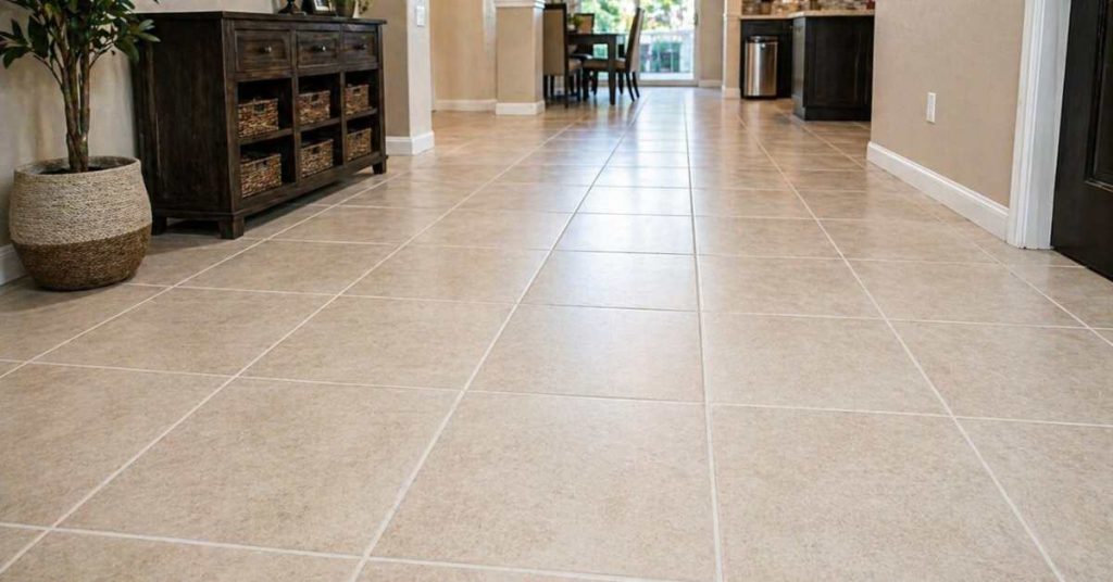 Clean tile floor with freshly restored grout lines after spring grout cleaning and sealing