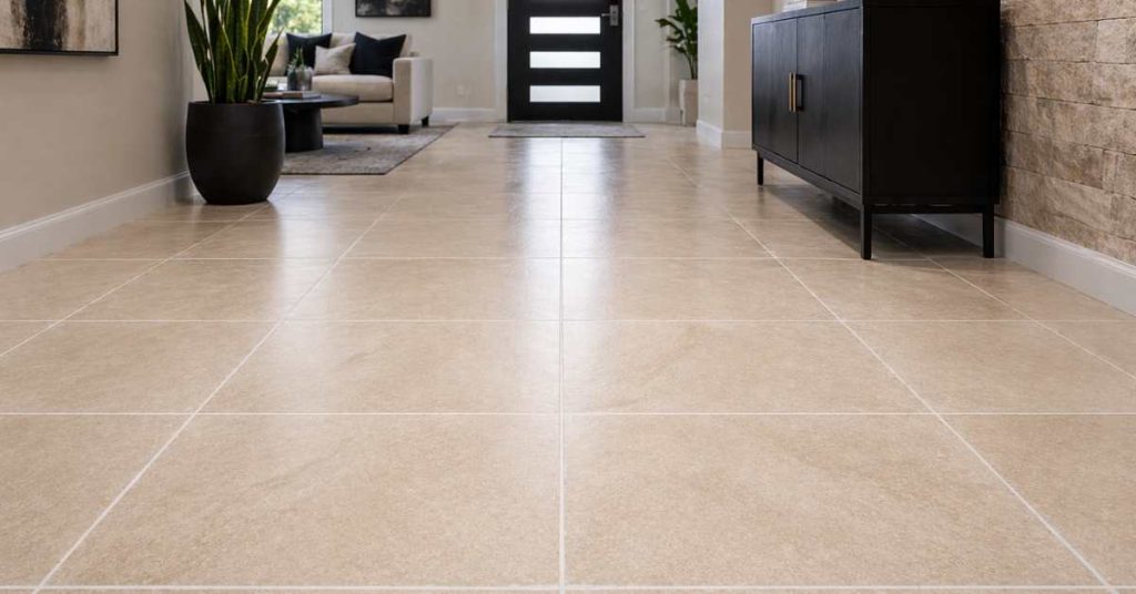 Modern tile floor design with clean grout lines after grout color sealing and cleaning
