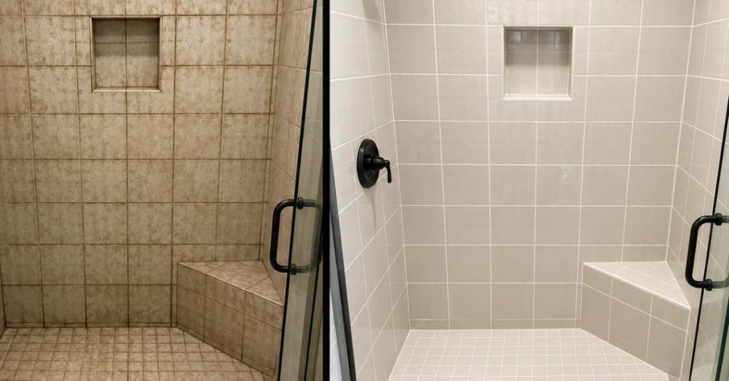 Before and after shower tile restoration showing sparkling ceramic tile and freshly cleaned grout lines