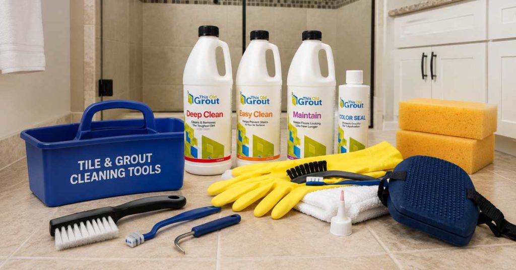 Tile and grout cleaning tools for bathroom tile