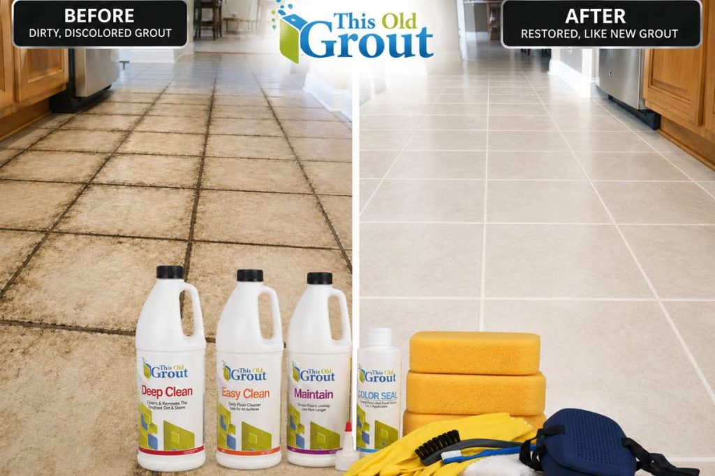 before and after grout restoration results on ceramic tile flooring using This Old Grout products