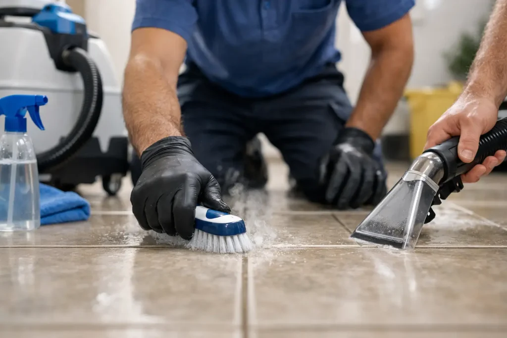 Professional tile and grout cleaning process showing a technician deep cleaning ceramic tile and grout lines with specialized equipment