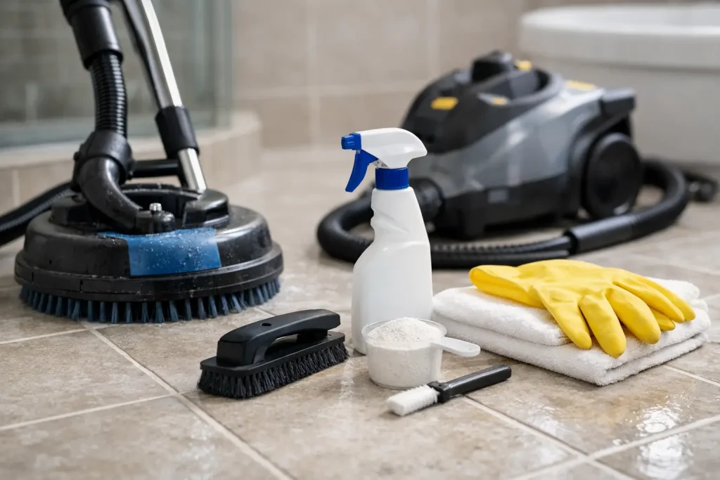 tile and grout deep cleaner on a ceramic tile floor