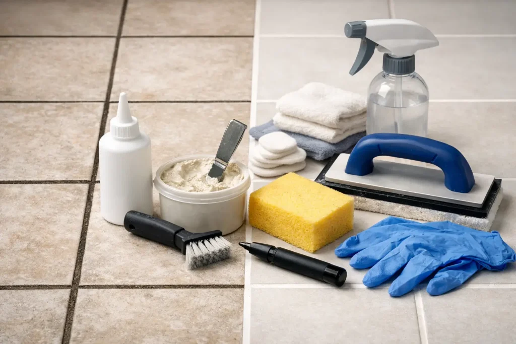 Before and after tile floor restoration using a stained grout restoration kit, showing deep-cleaned, color-sealed grout lines