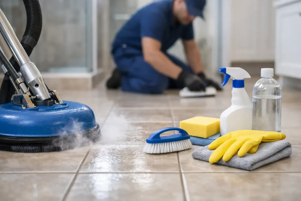 professional tile and grout cleaning, showing restored ceramic tile, bright grout lines, deep-cleaned surfaces