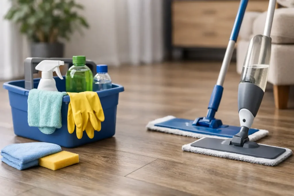 Homeowner cleaning luxury vinyl plank flooring with a microfiber mop and residue-free LVP floor cleaner to maintain a streak-free, like-new finish.