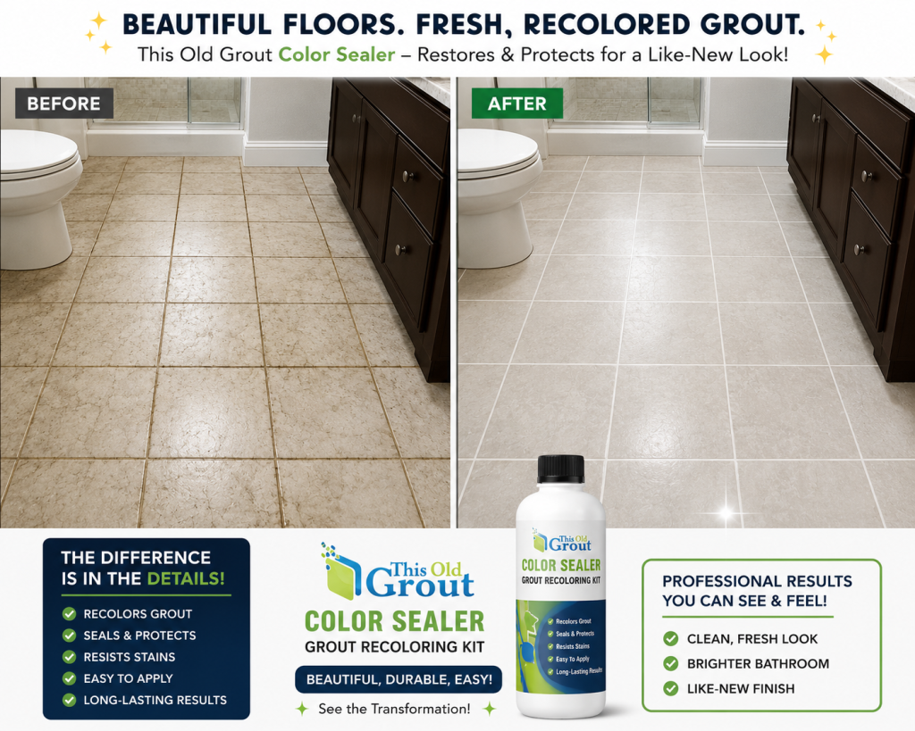 Bathroom floor with freshly recolored grout lines using This Old Grout Color Sealer