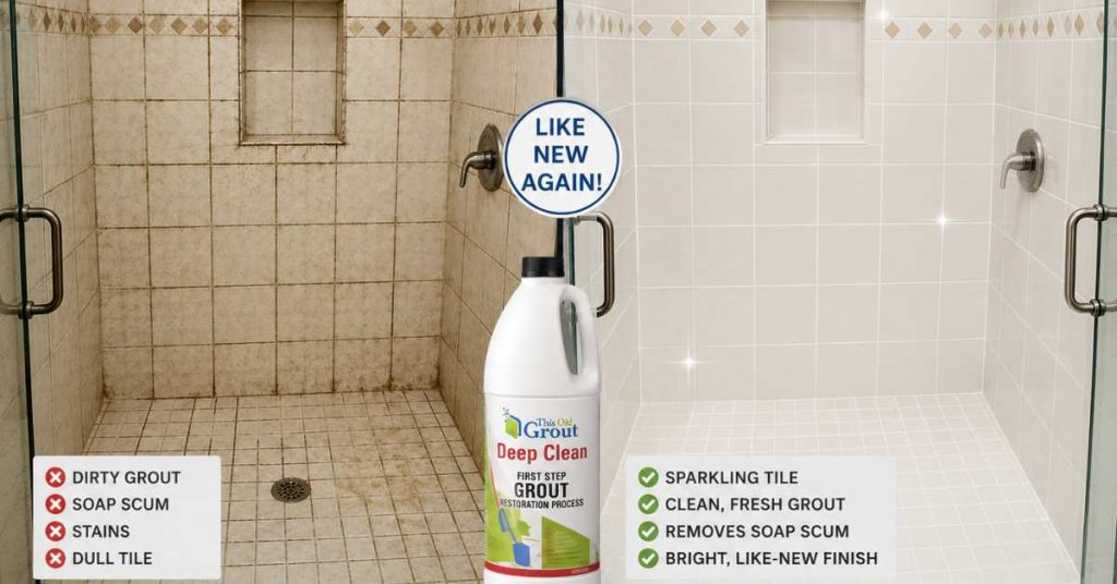 Before and after shower tile restoration showing sparkling ceramic tile and freshly cleaned grout lines using the best shower tile cleaners and This Old Grout