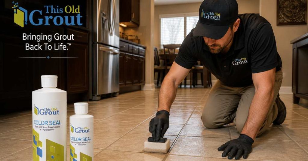 Contractor applying This Old Grout grout color sealer to restored tile floor during a tile restoration project