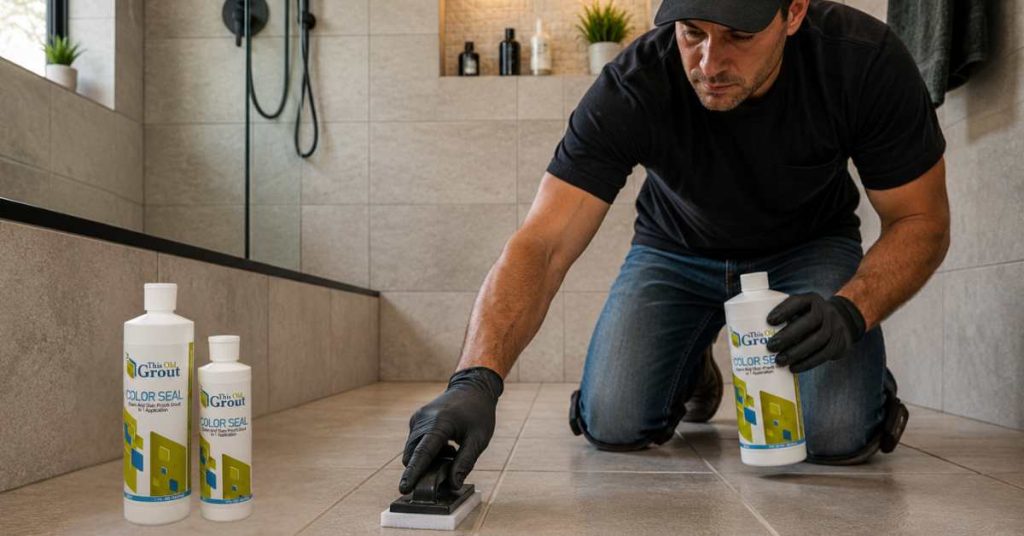 Homeowner applying contractor-grade grout sealer