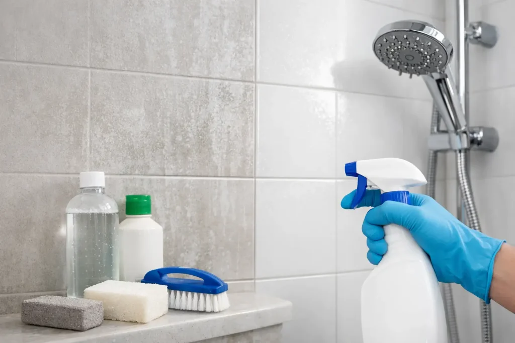 r shower tile restoration showing hard water stains removed from ceramic tile and grout using a hard water shower tile cleaner, revealing bright tile, clean grout lines, and a refreshed bathroom.