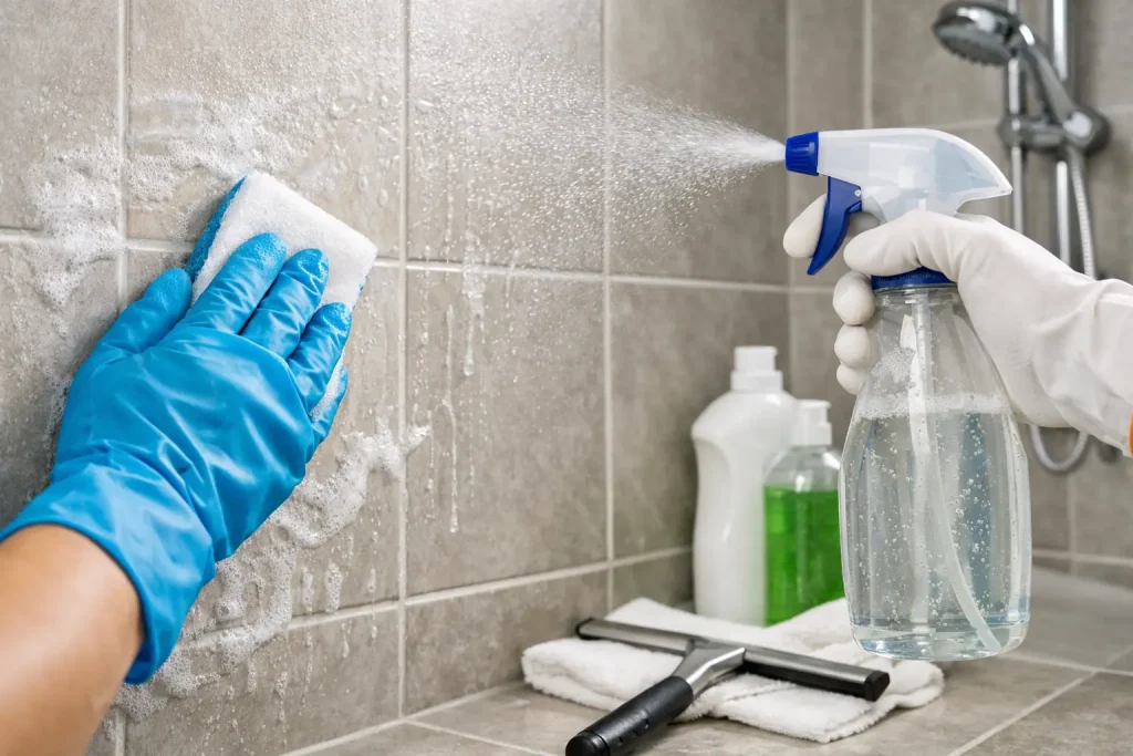 tile shower restoration showing soap scum removed from ceramic tile and grout using the best soap scum remover for tile shower surfaces