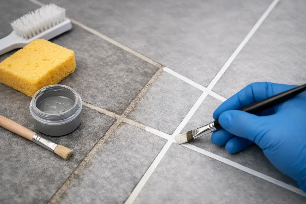 Freshly recolored grout lines on a ceramic tile floor using a professional grout color sealer to restore a clean, uniform appearance.