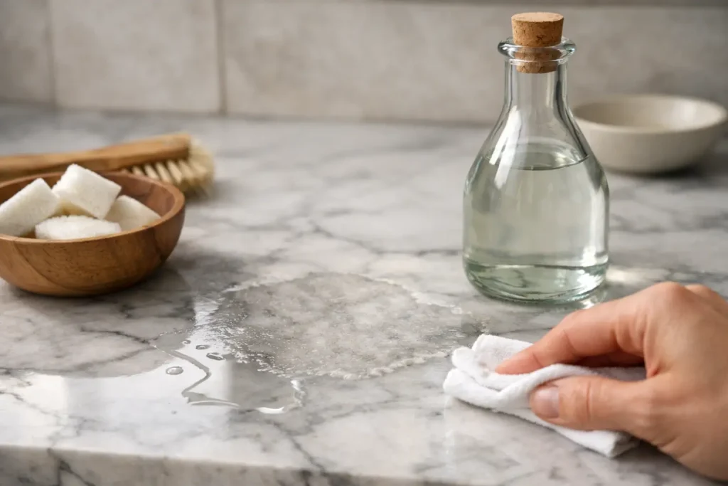 a person wiping a vinegar on a natural stone countertop