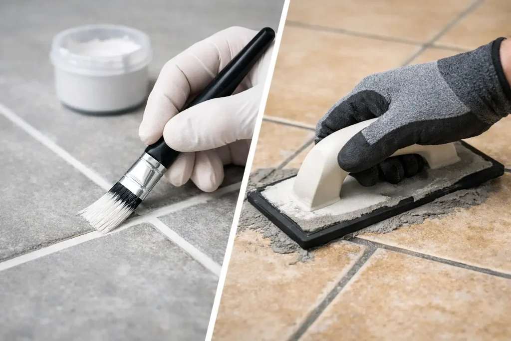 Before and after comparison of tile grout restored with grout color sealer versus damaged grout requiring regrouting, demonstrating the difference between grout restoration and grout replacement.