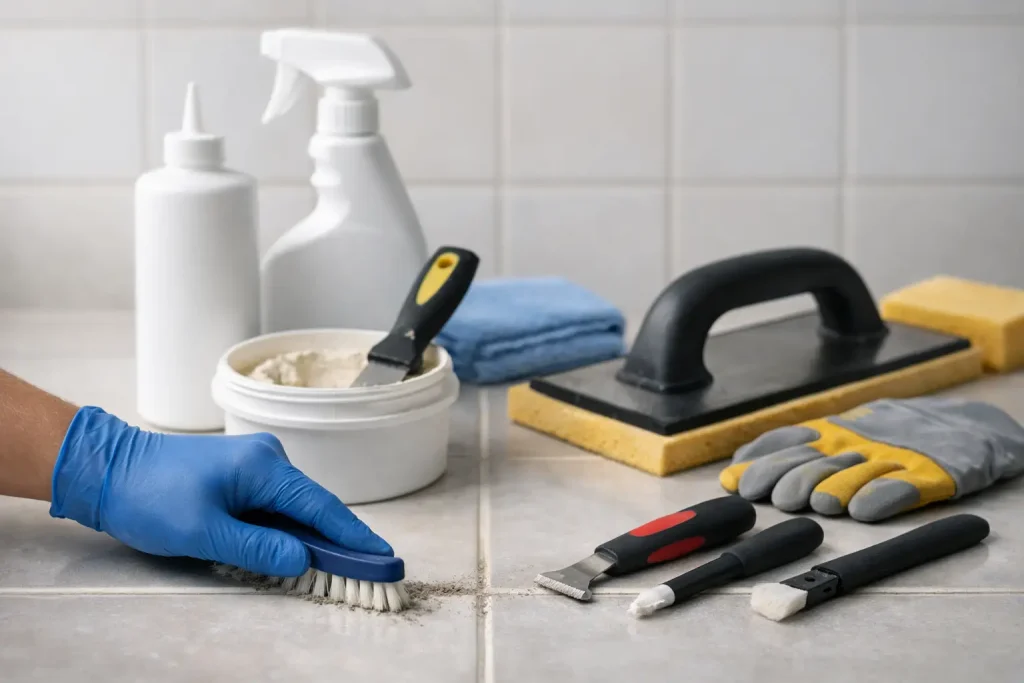 Homeowner restoring stained tile grout using a professional grout restoration kit with grout cleaner and color sealer for a clean, like-new finish.