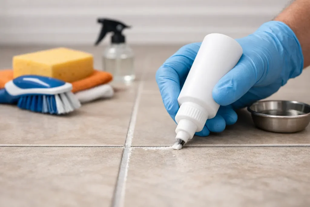 Freshly cleaned tile floor with grout being sealed using a grout sealer applicator