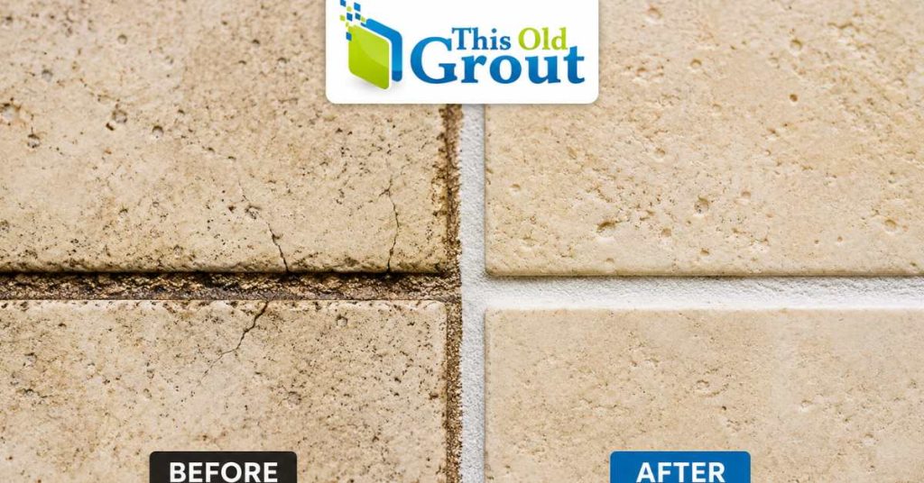 Close-up of stained and cracked grout lines beside restored grout treated with contractor-grade grout restoration products from This Old Grout