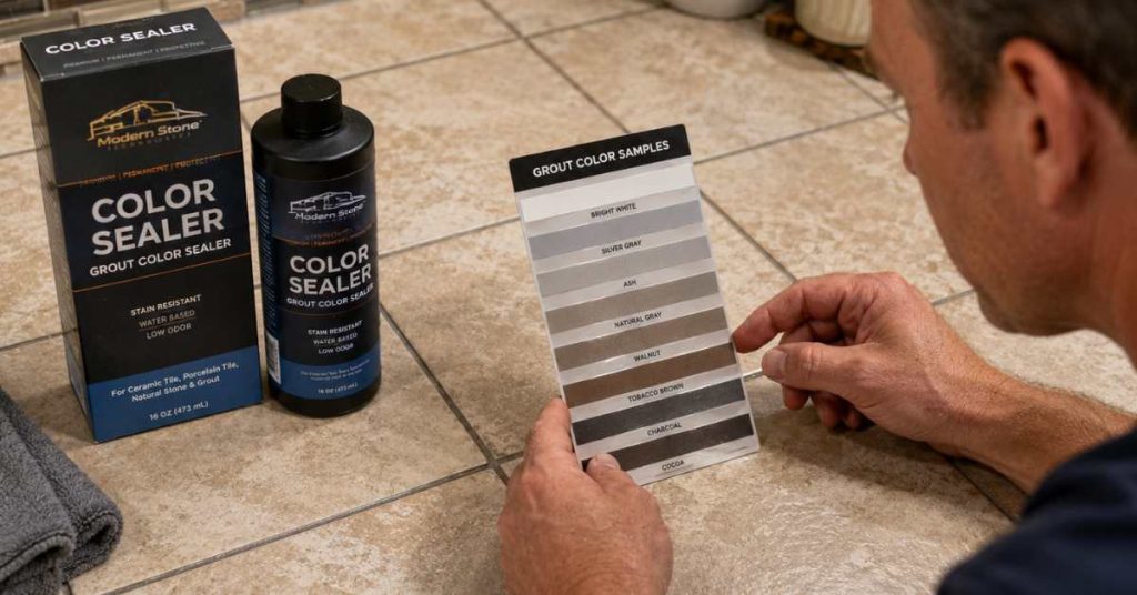 Homeowner comparing grout color samples to ceramic tile before applying professional grout color sealer