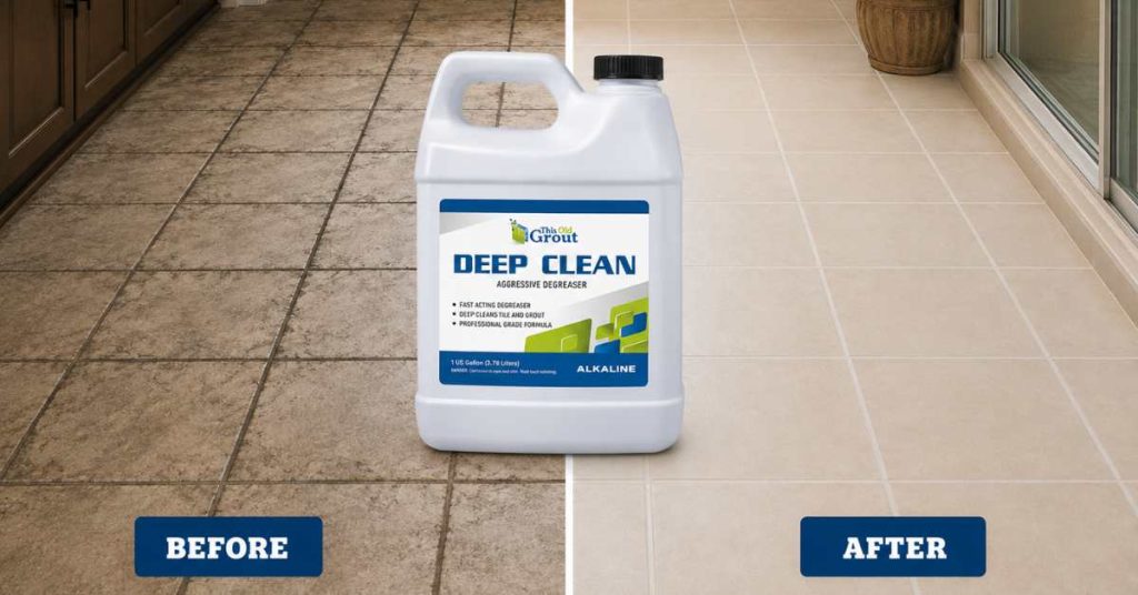 Before-and-after tile and grout restoration showing dark stained and cracked grout transformed with professional deep cleaning.