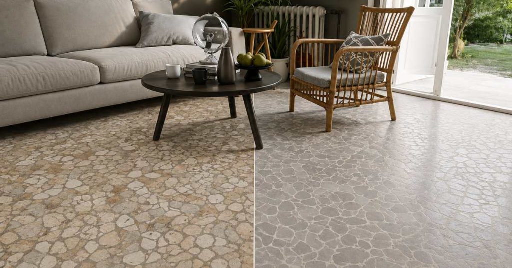 Natural stone and ceramic tile floors showing different grout cleaning, sealing, and restoration needs.