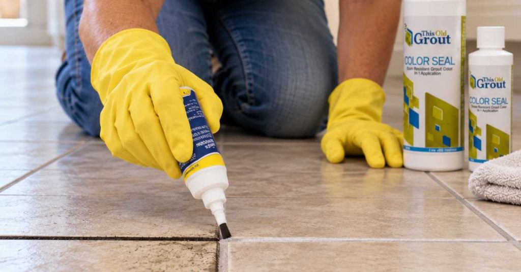 Homeowner applying grout color sealer to tile floor to change dark stained grout to a clean uniform color without removing tile