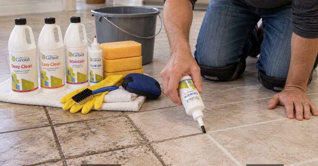 Homeowner using Deep Clean Easy Clean and Color Seal products to clean prepare and restore stained grout on a tile floor
