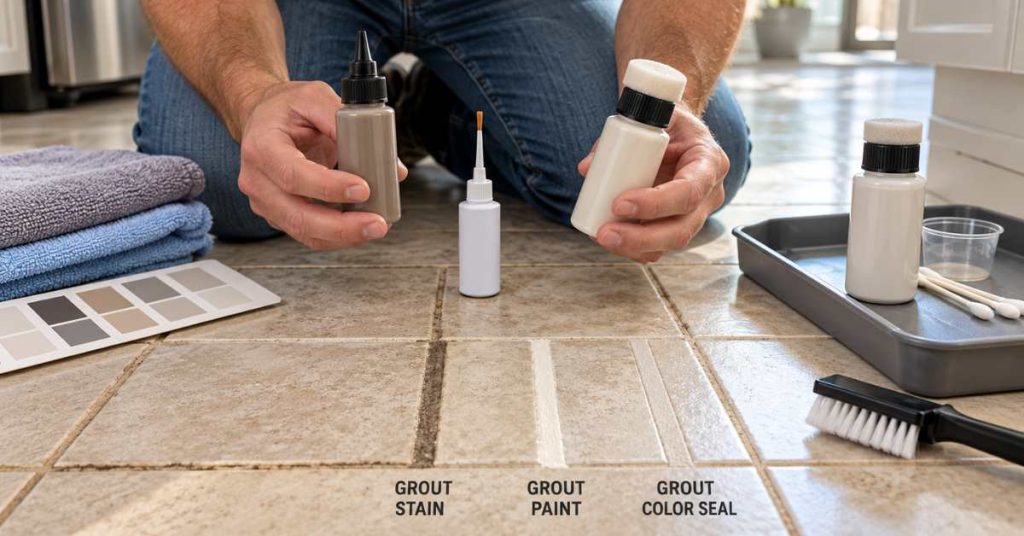 Homeowner comparing grout stain, grout paint, and grout color seal while restoring discolored grout lines on a tile floor